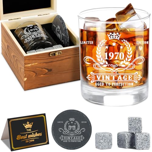 Comprar Juego 55 cumpleaños para hombre vintage 1970 whisky cristal caja madera piedras whisky posavasos tarjeta felicitación regalos Navidad para hombre 55 cumpleaños Top Precio 2025 | regaloscumple.com
