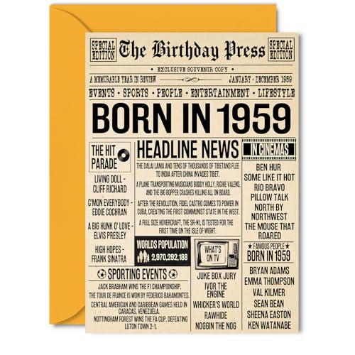 Consigue ahora Tarjetas cumpleaños número 65 para mujeres y hombres – Born In 1959 Navidad Newspaper – Tarjeta feliz 65 cumpleaños para abuela abuelo abuela abuela abuela vintage retro en 1959 5 x 7 pulgadas Top Precio 2024 | regaloscumple.com