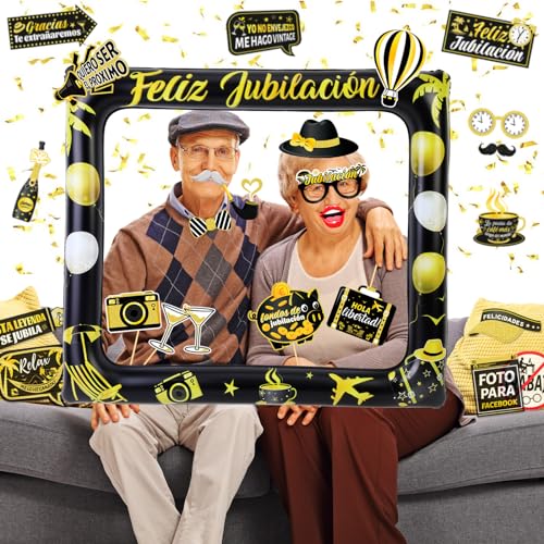 Mejores precios HOWAF Photocall Feliz Jubilación Español 28Pcs Accesorios Foto Props Fotomaton + Marco de Fotos Hinchable para Decoración Fiesta Jubilacion Oro Negro Regalos