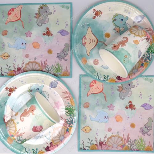 Mejores precios Vajilla   Cumpleaños   Animales del Océano Doyomtoy 68 piezas Decoración   Mesa   Cumpleaños Globos   Océano Platos Cumpleaños Servilletas Vasos para Fiesta   Cumpleaños para Niños
