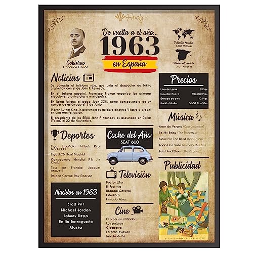 Consigue ahora Finoly Regalo Cumpleaños 60 Años Póster Aniversario 1963 Regalo Cumpleaños Mujer - Regalo Cumpleaños Hombre - 60 Cumpleaños Hombre - 60 Cumpleaños Catálogo Mujer - Tarjeta Felicitación Cumpleaños (A4 1963) Ofertas 2023 | regaloscumple.com