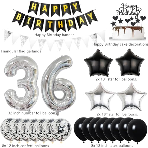 Oferta Flash Globos 36 cumpleaños hombre Mujer Plateados Negros 36 Años Decoracion
