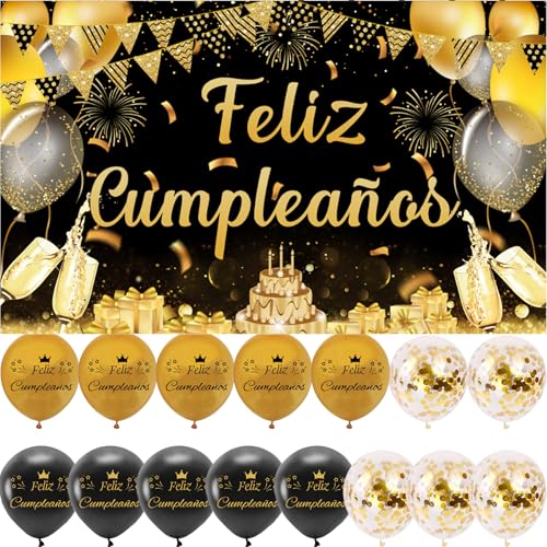 Comprar Decoración Cumpleaños Escrita en Español 1 Pancarta Feliz Cumpleños 15 Globos para Cumpleaños Photocall Cumpleaños Oro Negro Happy Bithday Fondo Promoción Cartel para Cumpleaños Adornos Kit para Cumpleaños Ofertas 2024 | regaloscumple.com