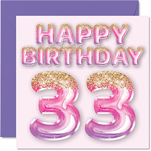 Consigue ahora Stuff4 Tarjeta cumpleaños número 33 para mujer globos purpurina rosa y morado tarjetas feliz cumpleaños para mujeres 33 años amiga hermana madre tía 145 mm x 145 mm tarjetas Catálogo Top Precio 2024 | regaloscumple.com