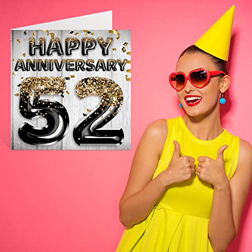 Comprar en Amazon Impresionante tarjeta de 52 aniversario para marido, novio, esposa, novia, globos negros y dorados con purpurina, tarjetas feliz la familia, felicitación 5.7