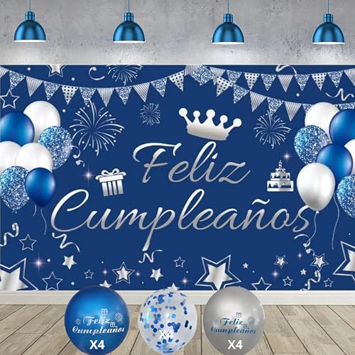 Consigue ahora Navidad IM ® Pancarta Feliz Cumpleaños en Español medidas 110x180cm Poliester + 12 globos | Decoración para fiesta cumpleaños | Cartel Feliz cumpleaños | Photocall | (AZUL-BLANCO) Ofertas 2025 | regaloscumple.com