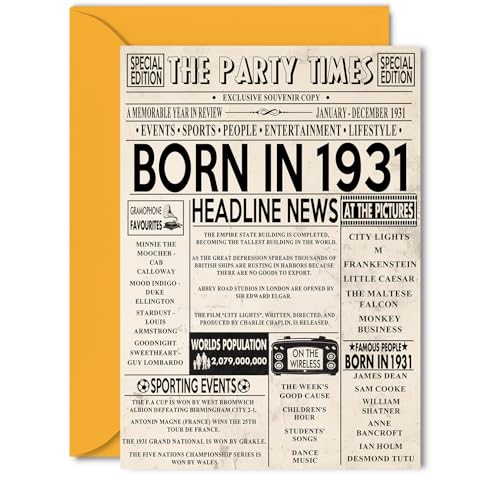 Consigue ahora Tarjetas cumpleaños número 94 para mujeres y Cumpleaños hombres – Born In 1931 Newspaper – Tarjeta feliz 94 cumpleaños para abuela abuelo abuela abuela abuela vintage retro en 1931 5 x 7 pulgadas Rebajas 2025 | regaloscumple.com