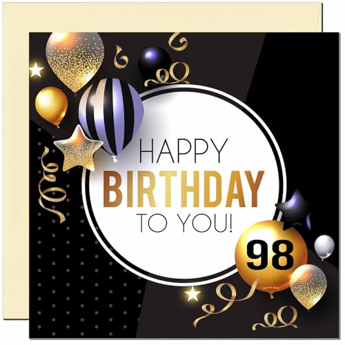Consigue ahora Tarjeta cumpleaños número 98 para hombres y mujeres globos dorados y negros Regalos tarjetas cumpleaños para hombre 98 años noventa y ocho noventa y ocho papá abuelo tío cumpleaños abuela Top Precio 2024 | regaloscumple.com