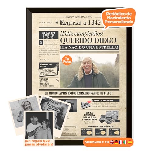 Consigue ahora Periódico cumpleaños 1942 – póster personalizado año nacimiento con foto nombre y BlackFriday mensaje – regalo original para hombre o mujer 83 años – estilo vintage con marco opcional – recuerdo inolvidable Ofertas 2025 | regaloscumple.com