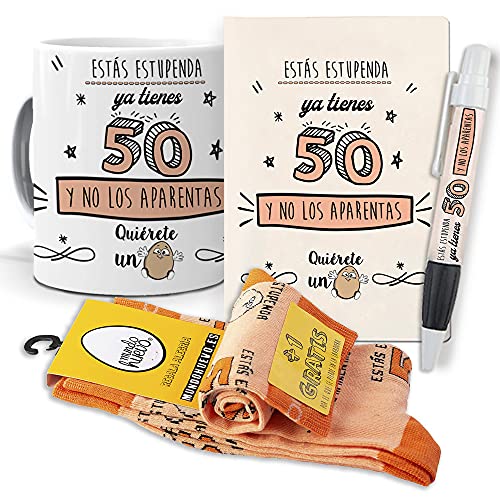 Comprar Super Regalo Personalizado para 50 cumpleaños Mujer. Ya Tienes 50 y no los aparentas. Taza libreta boli y Trio Ideas para regalar Calcetines Top Precio 2024 | regaloscumple.com