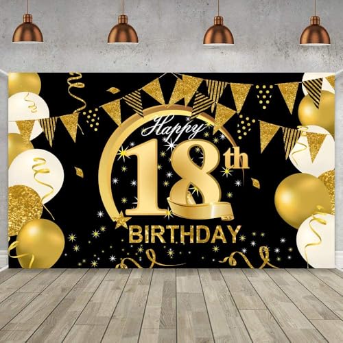 Consigue ahora WIWJ 18 Decoración Fiesta Cumpleaños Ideas para regalar Oro Negro Extra Grande Póster Tela Cartel para 18 Aniversario Feliz Cumpleaños Pancarta Fondo Materiales Fiesta Cumpleaños (B-Banner 18) Rebajas 2023 | regaloscumple.com