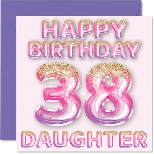 Comprar Tarjeta cumpleaños número 38 para hija globos purpurina rosa y morada tarjetas feliz cumpleaños para hija 38 años parte mamá papá padres tarjetas felicitación cumpleaños Promoción Rebajas 2025 | regaloscumple.com