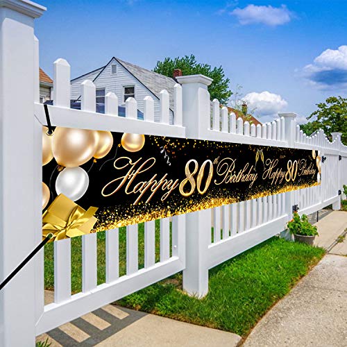 Top Precios Súper Feliz Cumpleaños 80 Cumpleaños Negro Oro, Cumpleaños Prop Pancarta Jardín Pared 9 1.2