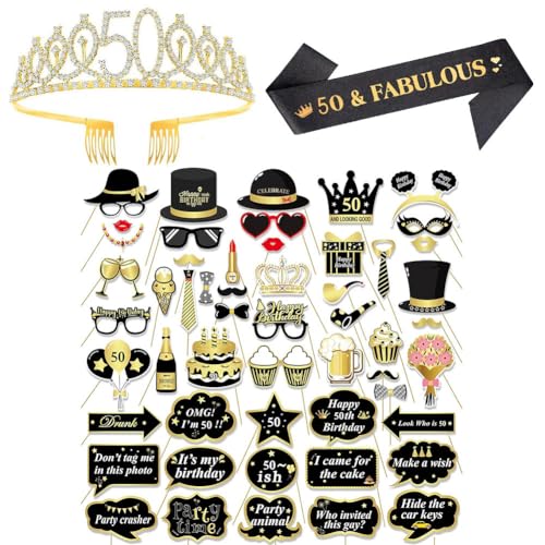 Comprar 50 Años Corona Banda Cristal y Photo Cumpleaños Booth Props Cumpleaños Oro Negro Diamantes Diadema Cinturón y Photocall Foto Selfie Prop 50 Cumpleaño Fiesta Accesorios Regalo Decoración para Niñas Rebajas 2024 | regaloscumple.com