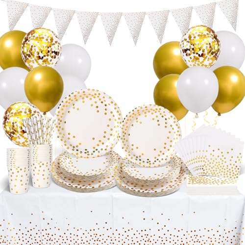 Consigue ahora Platos Vajilla para Fiestas Cumpleaños 25 Invitados Vajilla con Globos Platos y Vasos Papel Servilletas Paja para Fiestas Boda Aniversarios Catálogo Halloween Navidad 140 piezas Blanco y Oro Rebajas 2024 | regaloscumple.com