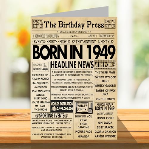 Top Precios Stuff4 Tarjetas   75 cumpleaños para mujeres y hombres nacidos en 1949  periódico  tarjeta   feliz cumpleaños 75 para abuela  abuelo Nan  vintage  retro  allá en 1949  A5  setenta y cinco  setenta