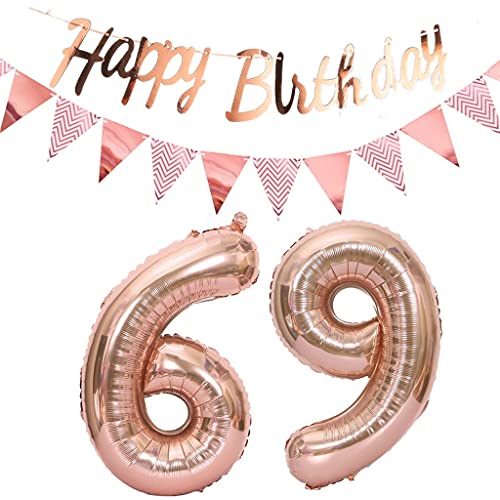 Consigue ahora Globos 69 cumpleaños decoración mujer oro rosa+Guirnalda feliz cumpleaños +cadena gallardetes 69 "números 69 globos BlackFriday 69 años decoración cumpleaños mujer decoración 69 cumpleaños deco oro rosa Rebajas 2025 | regaloscumple.com