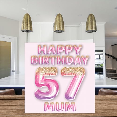 Ofertas de última hora Tarjeta de cumpleaños número 57 para mamá, globos purpurina rosa y morada, tarjetas feliz madre hijo e hija, 145 mm x mm, felicitación regalo