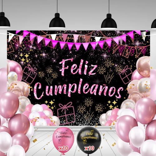 Comprar Pancarta Feliz Cumpleaños + 20 globos cumpleaños | 110x180cm Incluye Agujeros en las Esquinas y Cuerda 6 Metros | Decoración Cumpleaños Feliz | Photocall BlackFriday Cumpleaños | Cartel Feliz Cumpleaños Rebajas 2024 | regaloscumple.com