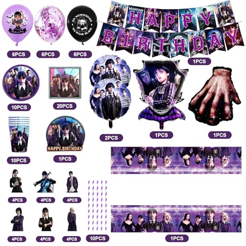 Comprar en Amazon 99 Piezas Wednesday Decoracion Cumpleaños, Cumpleaños Globos, Vajilla cumpleaños de niños, Decoración Includ Globos Mantel Platos Tazas Servilletas