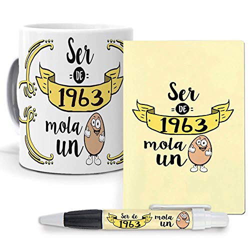 Comprar Mundohuevo Pack Original y Personalizado para Regalo Catálogo Ideal para cumpleaños con año Nacimiento. Ser 1963 Mola un Huevo. Libreta boligrafo y Taza Maxima Calidad. Ofertas 2024 | regaloscumple.com