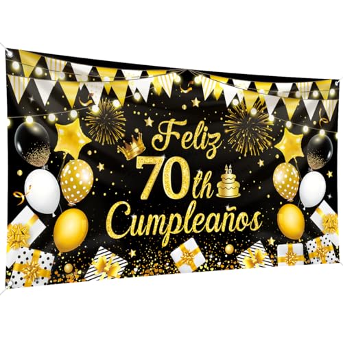 Consigue ahora Pancarta fondo Feliz Cumpleaños 200 x Ideas para regalar 110 cm tamaño grande pancarta feliz cumpleaños pancarta fondo negro y dorado suministros decoración fiesta cumpleaños celebración fiesta cumpleaños (70th) Ofertas 2025 | regaloscumple.com