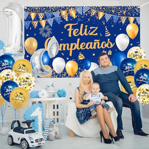 Dónde comprar en España Pancarta Grande Feliz Cumpleaños Español  Pancarta Feliz Cumpleños +15 Cumpleaños Globos  Decoracion Cumpleaños Azul Oro  Feliz Cumpleños Fondo Cartel  Fiesta   Cumpleaños Decoración Banner Globos