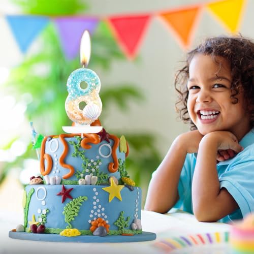 Ofertas Lentejuelas concha pasteles, decoraciones cumpleaños 4 años, velas cumpleaños océano azul,