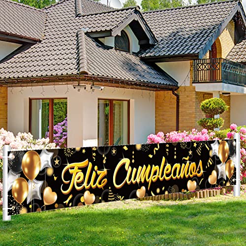 Top Precios Pancarta Decoración Negro Oro, Cumpleaños Exterior Jardín Decoración, Cumpleaños Fondo Mesa