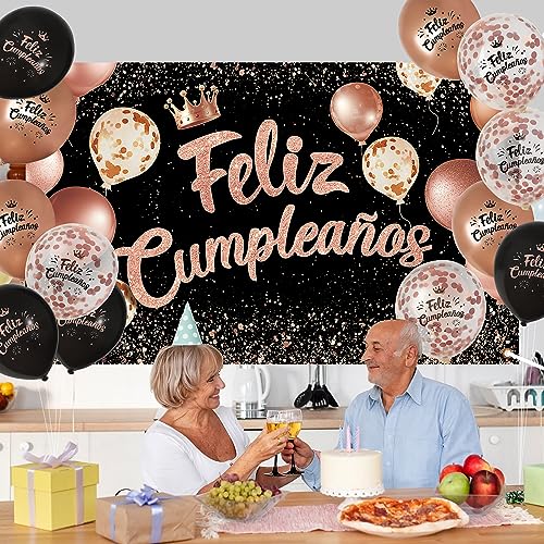 Ofertas Feliz Cumpleaños Español Oro Rosa + 12pcs Globos Cartel Photocall Cumpleaños