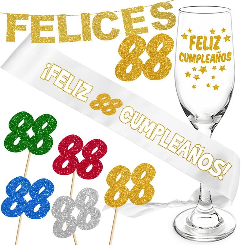 Comprar Inedit Cumpleaños Festa 88 Años Cumpleaños Banda Honorífica Feliz 88 Cumpleaños 6 Toppers Copa Champán Fiesta Cumpleaños Ofertas 2024 | regaloscumple.com