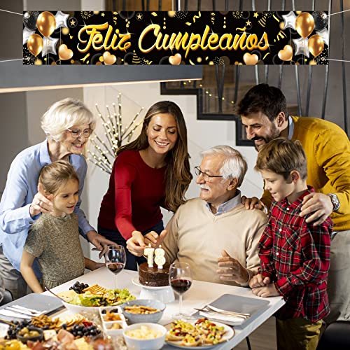 Ofertas DPKOW Español Feliz Cumpleaños Pancarta Decoración Negro Oro, Exterior Jardín Decoración, Fondo Mesa Pared 218 * 35cm
