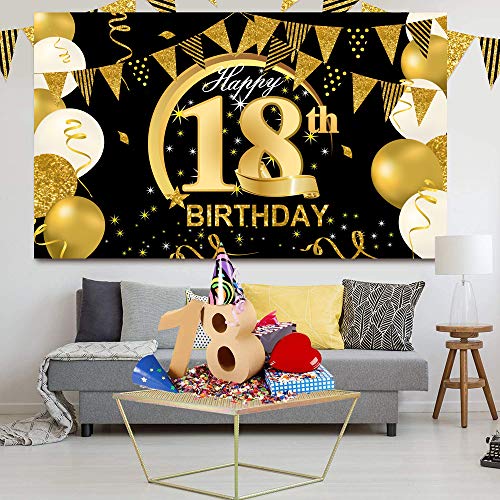 Comprar ahora Cumpleaños Oro Negro, Extra Grande Póster Tela Cartel 18 Aniversario Feliz