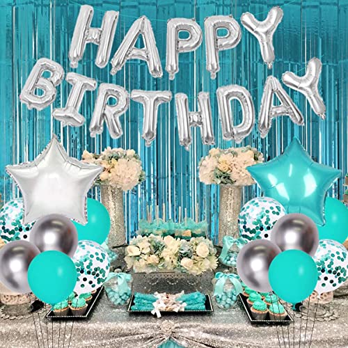 Comprar en Amazon Juego   decoraciones   cumpleaños azul Verde Azulado con pancarta   globos   feliz cumpleaños Cortina   globos azul Turquesa y plateado para Verde Azulado 30 ° 40 ° 50 ° cumpleaños Baby Shower