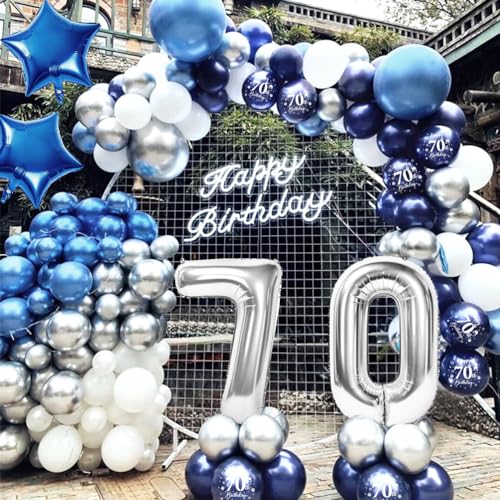 Ofertas 70 Años Decoraciones Cumpleaños Hombre, Globos Fiesta Azul Plata con Happy Birthday Banner Sash Manteles Cake Topper para Hombres Adultos