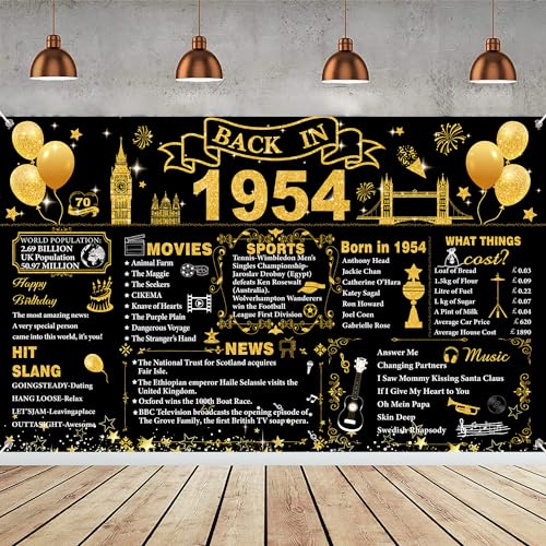 Comprar Decoraciones cumpleaños número 70 color negro y dorado póster regreso a 1954 decoraciones feliz cumpleaños BlackFriday del Reino Unido pancarta grande fondo 1954 decoración del hogar Ofertas 2025 | regaloscumple.com