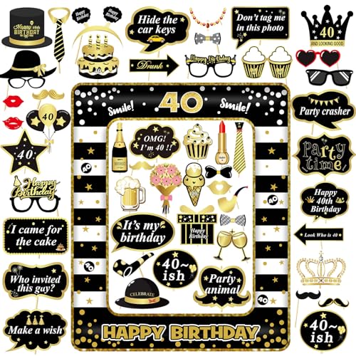 Comprar VEGCOO Photocall Feliz 40 Cumpleaños 53 Piezas Negro y Oro Accesorios Fotocall+ Marco Fotos Inflable 40 Cumpleaños Photo Cumpleaños Booth Props Decoración Fiesta Rebajas 2025 | regaloscumple.com