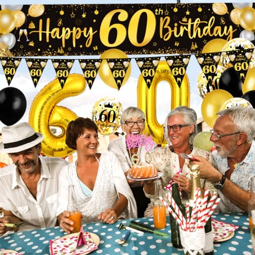 Ofertas de última hora Decoracion 60 Cumpleaños Oro Negro, Pancarta cumpleaños, Globos Cumpleaños, Triángulo Happy Bithday Photocall 50 para Hombre Mujer Fiesta
