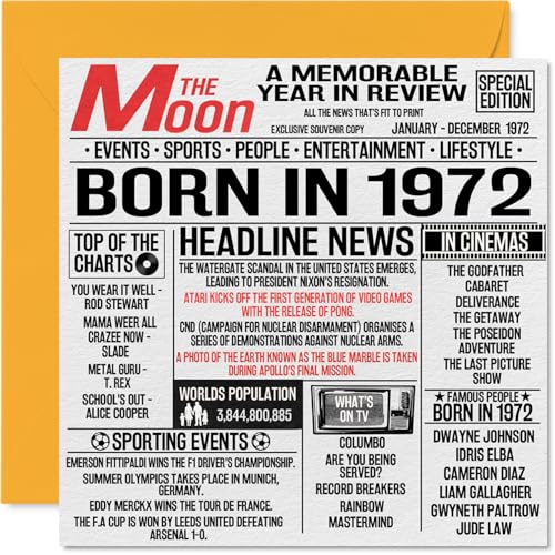 Comprar Tarjetas cumpleaños 52 para hombres y mujeres periódico nacido en 1972 tarjeta feliz cumpleaños 52 para Promoción mamá papá tío tía vintage retro Back In 1972 145 mm x 145 mm cincuenta y dos Rebajas 2024 | regaloscumple.com