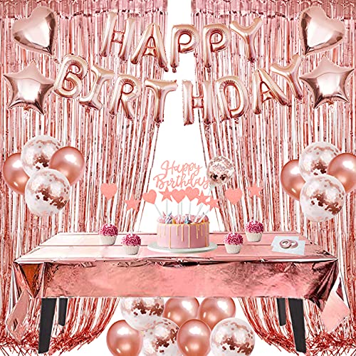 Consigue ahora ZERODECO Decoraciones cumpleaños oro rosa papel aluminio con globo Happy Birthday con flecos Regalos cortinas brillantes bandera torta globos estrellas y corazón Rebajas 2024 | regaloscumple.com