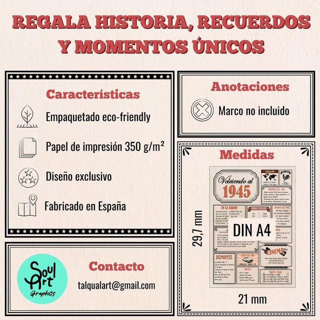 Comprar ahora Tarjeta Regalo Cumpleaños 1945 / Felicitación Aniversario / Póster Vintage Año   Nacimiento 1945 / Cartel Decoración Fiesta Época / Celebración Hombre o Mujer / Regalo Original y Especial