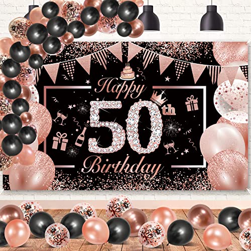 Consigue ahora 50 Años Decoracion Cumpleaños Mujer Rosa Oro Negro DJLLA Extra Grande Tela 50 Pancarta Feliz Cumpleaños Póster 60 años Globos BlackFriday Cumpleaños 50 Cumpleaños Photocall Fondo para Mujer Cumpleaños Ofertas 2023 | regaloscumple.com