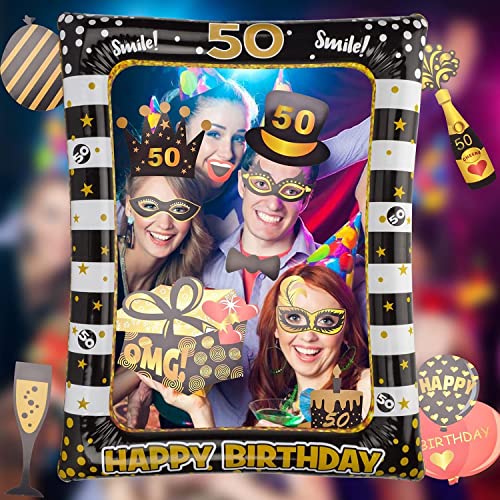 Ofertas AIBAOBAO 50 Cumpleaños Photo Booth Props, 35 Piezas Kit + 1 Marco Photocall Atrezzo Selfie Inflable para Decoración de Fiesta DIY, Fotocall, Accesorios Cabina Foto