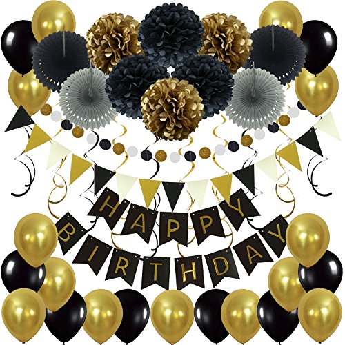 Comprar BlackFriday Zerodeco Decoración la Fiesta cumpleaños Abanico Papel la Pancarta Black Gold cumpleaños Happy Pom poms cuelga remolinos y Globos como decoración la Fiesta cumpleaños Ofertas 2024 | regaloscumple.com