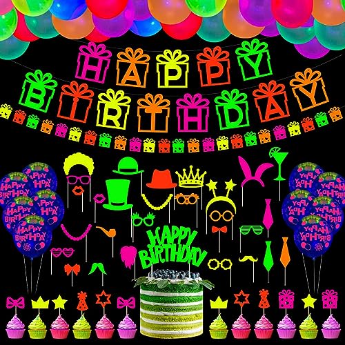 Consigue ahora XJLANTTE 83 piezas Suministros fiesta cumpleaños Ideas para regalar neón - Globos neón accesorios para fotomatón reactivos a la luz negra UV y adornos fiesta brillantes para pasteles (Set 03) Top Precio 2025 | regaloscumple.com