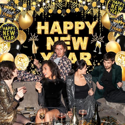 Ofertas de última hora Decoracion Nochevieja 2025  XXL Pancarta De Fondo (71 x 44 Pulgadas)  XXL Globos 2025 (32 Pulgadas)  Globos Negros y Dorados  Globos De Aluminio  Guirnalda  Cotillon Fin De Año 2025
