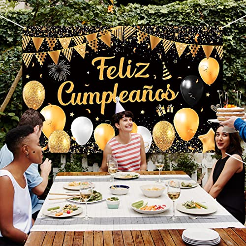 Oferta Flash Cumpleaños en Español,Fiesta Cumpleaños Decoración Banner,Negro Cumpleaños Pancartas fotográficas,Tela Fondo Decoracion